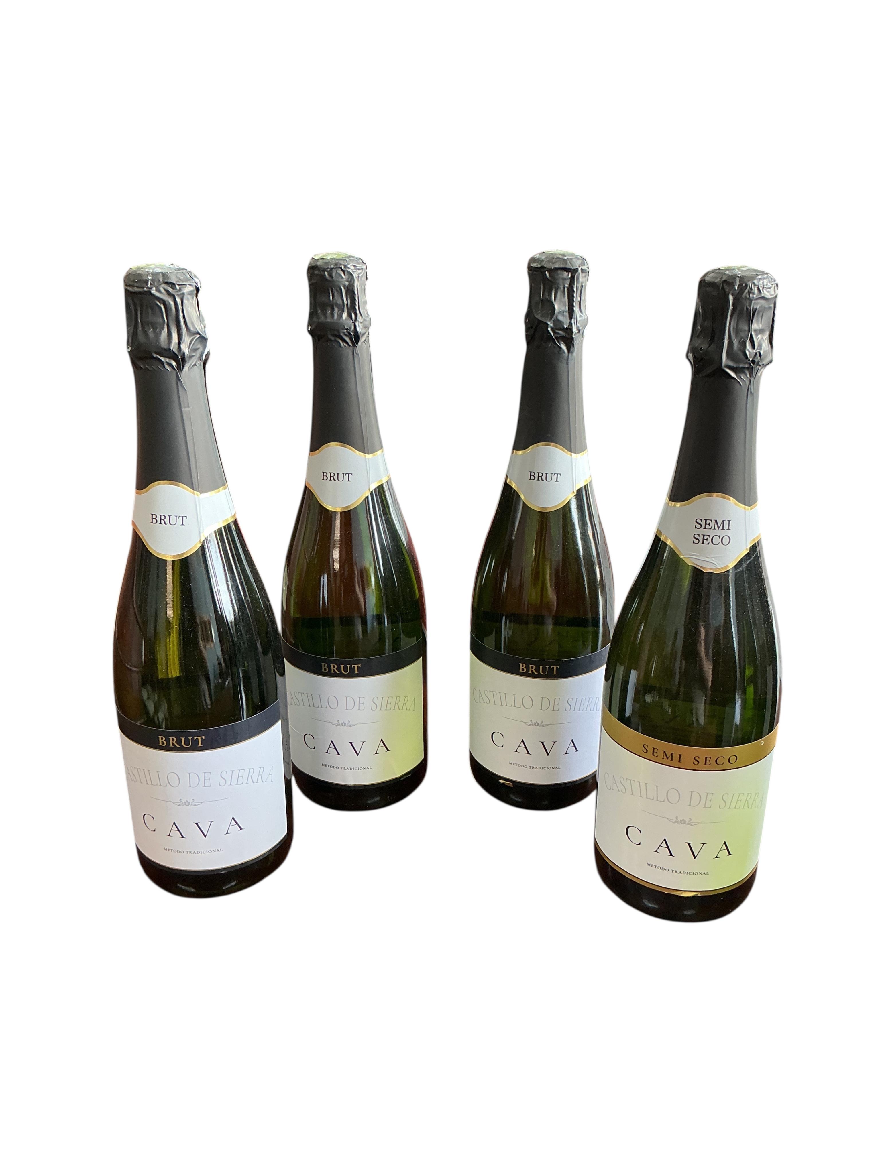 A bottle of Taittinger Brut Reserve Champagne, two bottles of Boutet Saulnier Vouvray and four bottles of Cava. (Provenance, surplus stock from a local wedding company)
